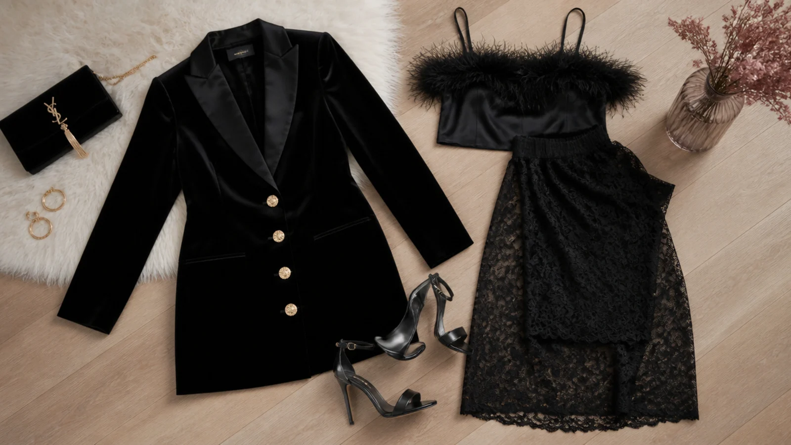 Faceless flat-lay of an all-black theme party outfit with a velvet blazer dress, feather-trim top and lace midi