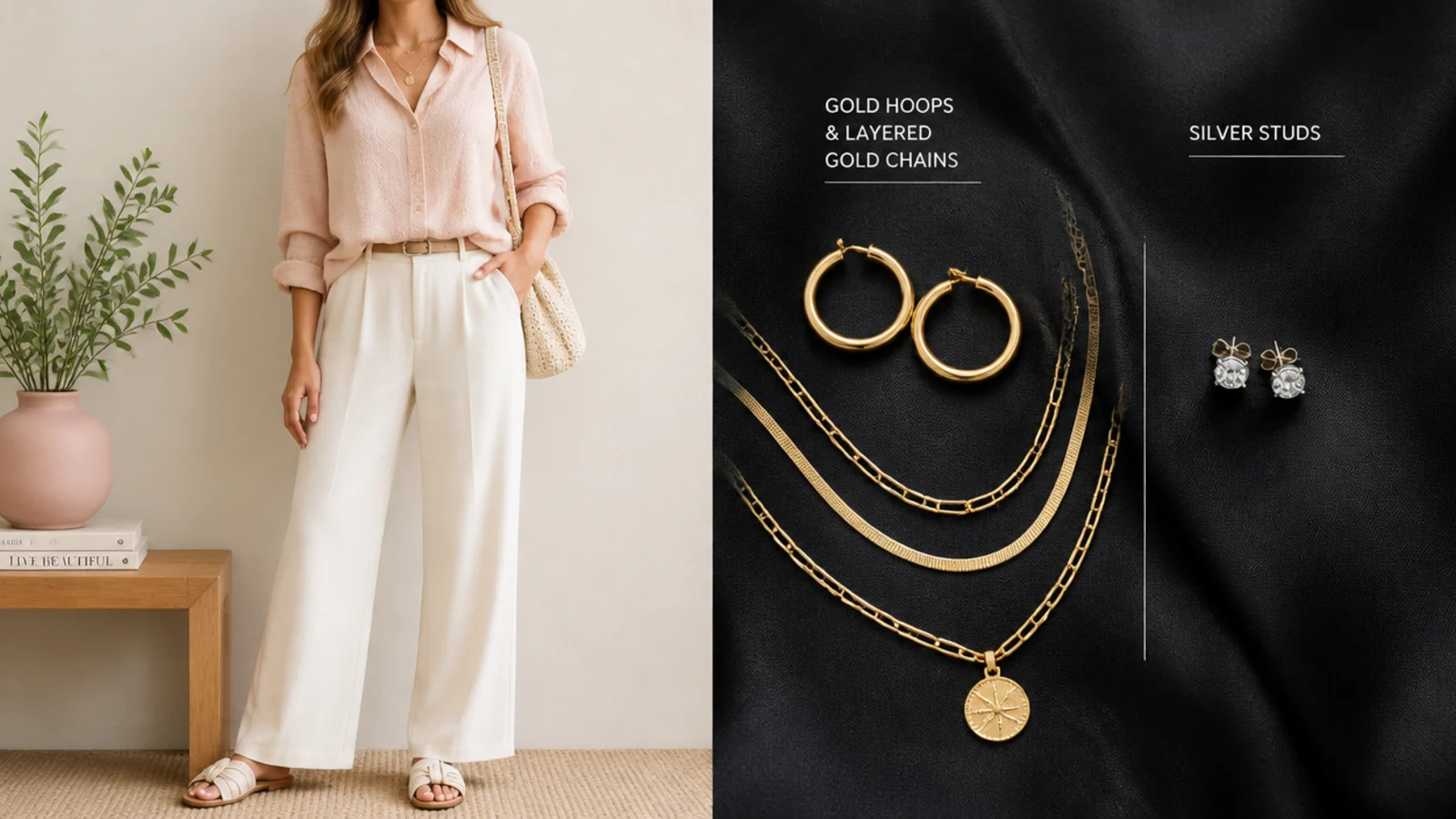 Faceless flat-lay comparing gold hoops and layered gold chains against silver studs on black fabric
