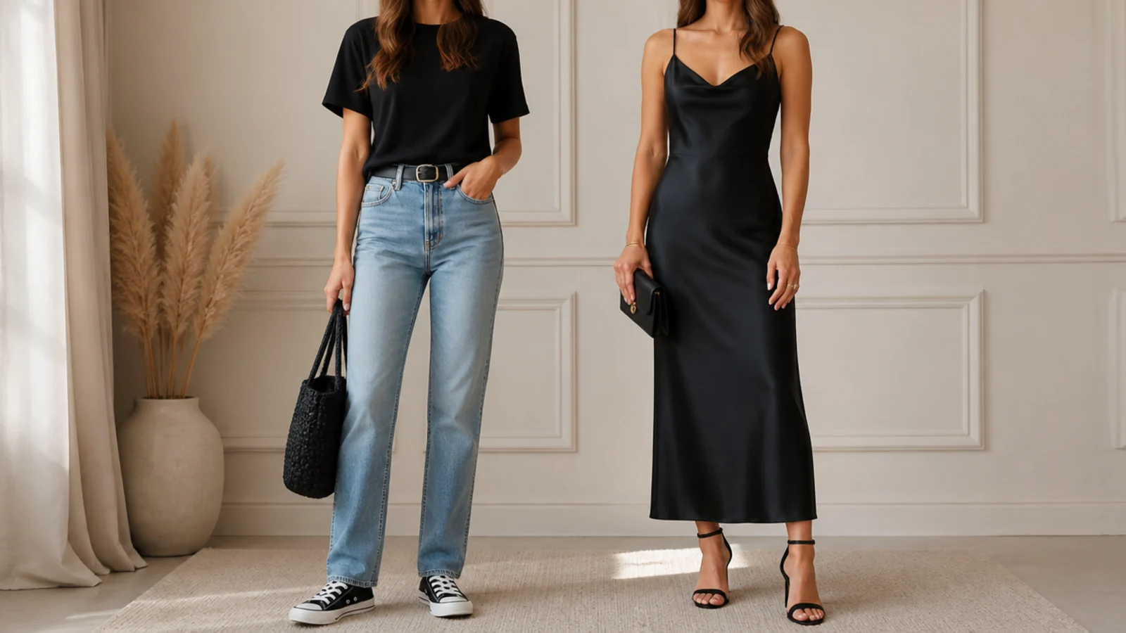 Faceless comparison of a matte cotton black tee outfit beside a black satin slip dress with heels