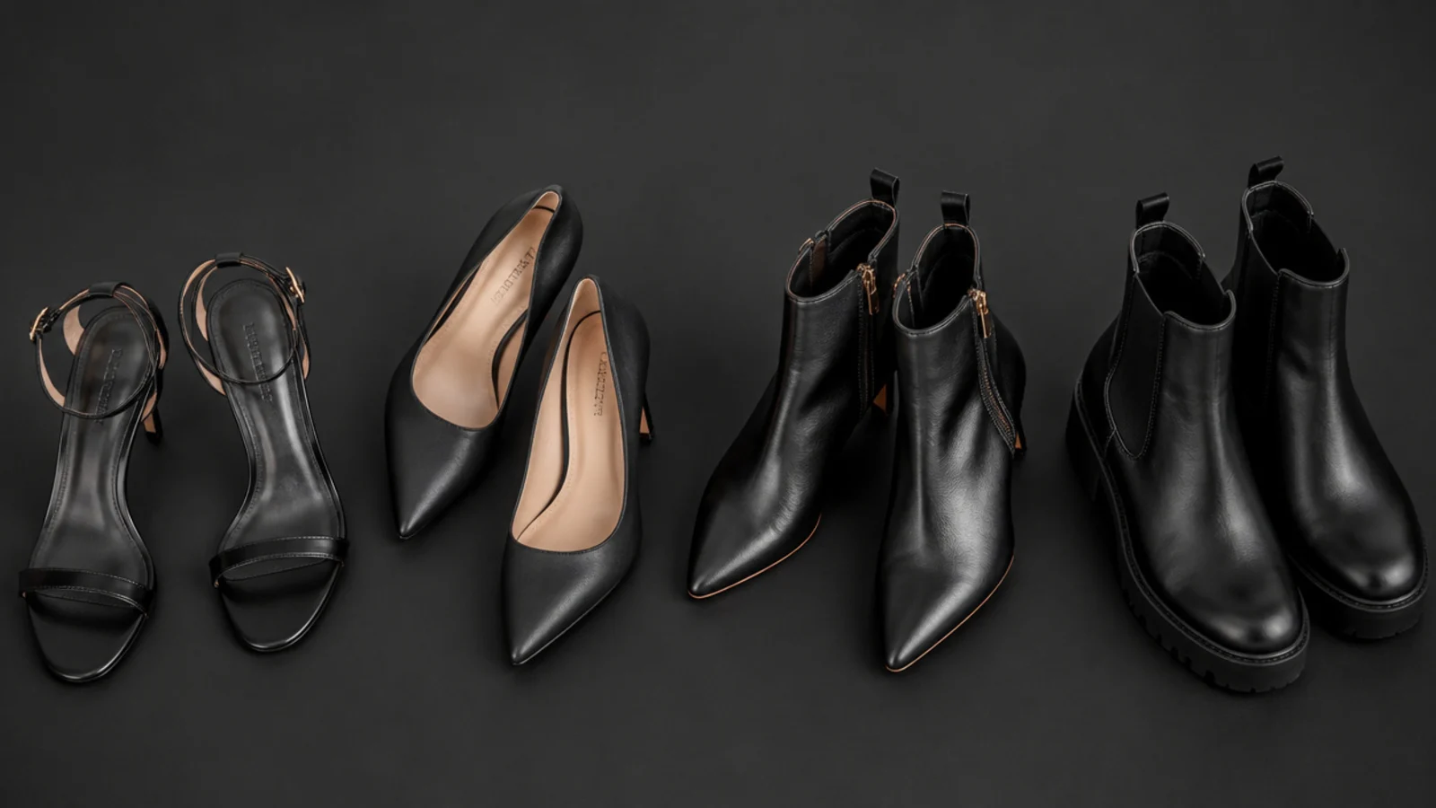 Faceless flat-lay of strappy black heels, pointed stilettos, heeled ankle boots and chunky boots on black