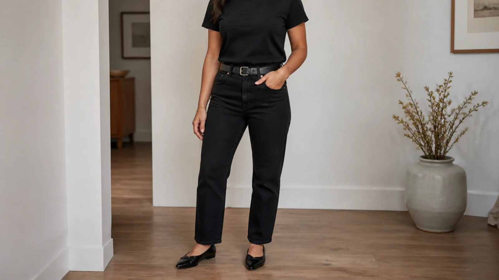 Faceless waist-up shot of a black crewneck cotton tee tucked into straight black jeans with a matte black belt