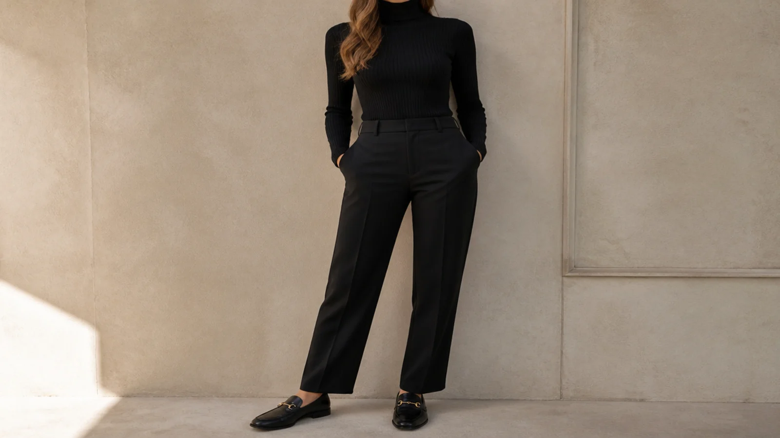 Faceless waist-up shot of a black ribbed merino turtleneck tucked into black tailored trousers with loafers
