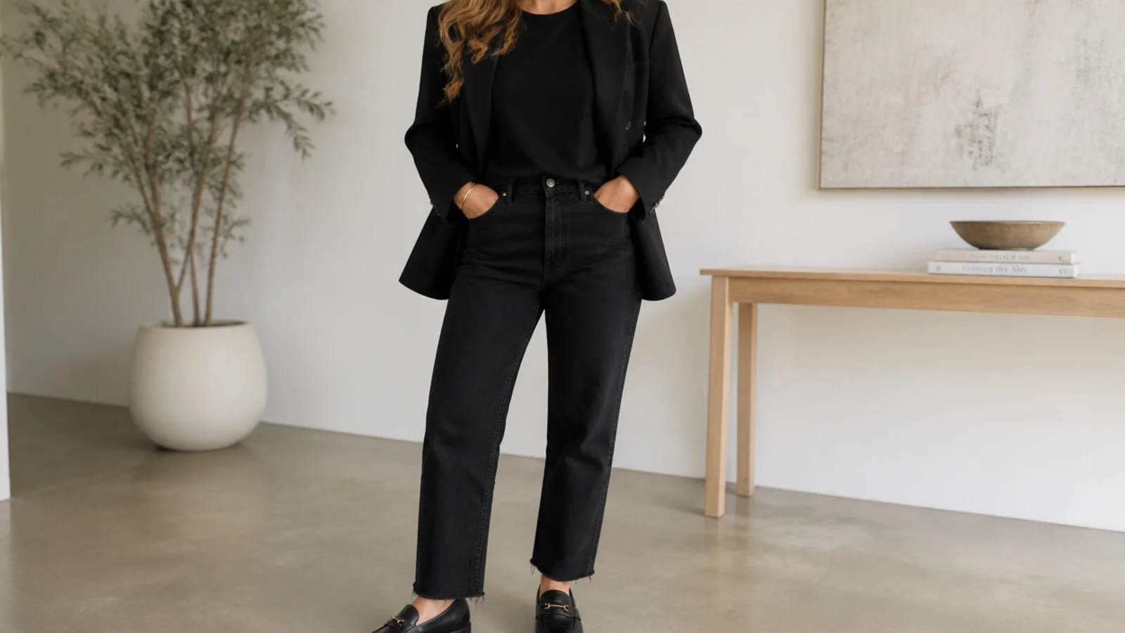 Faceless waist-up shot of an open black wool blazer over a black tee and straight black jeans