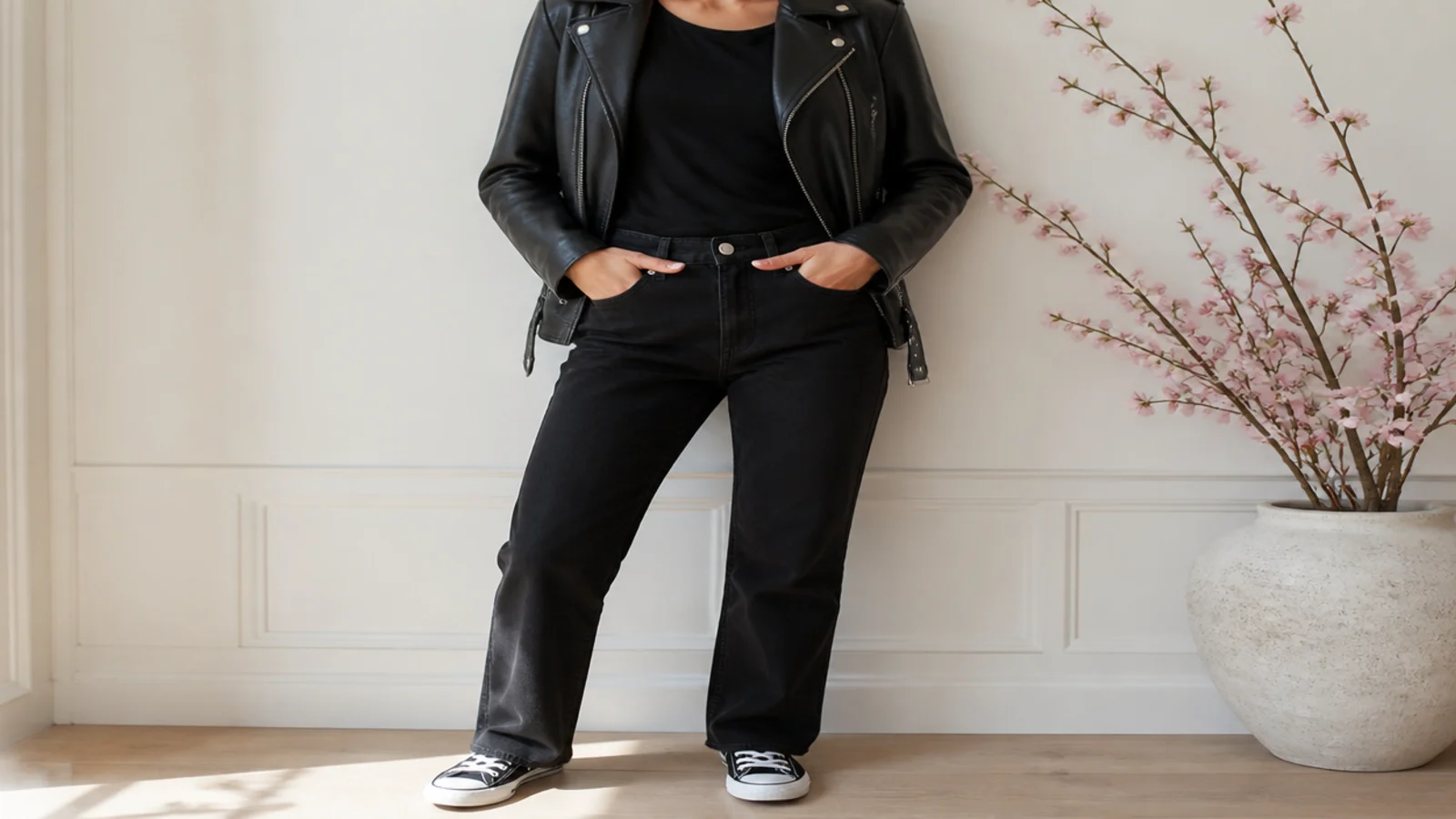Faceless waist-up shot of a black leather biker jacket over a black tee with straight black jeans