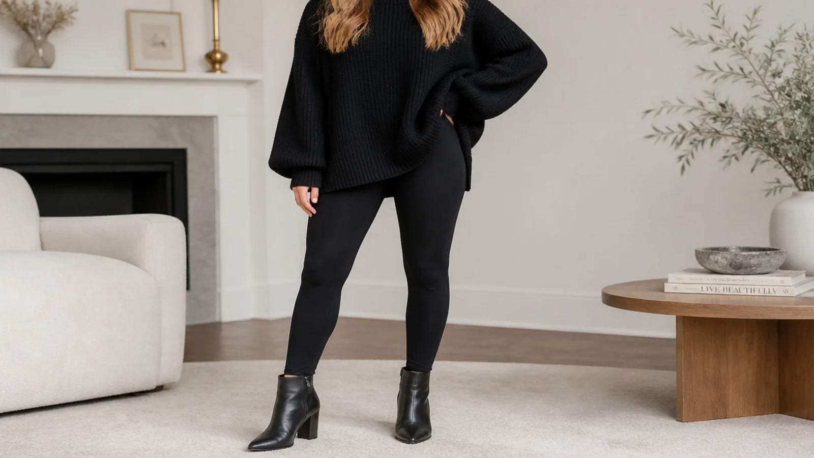 Faceless waist-up shot of an oversized black knit sweater over slim black leggings with ankle boots