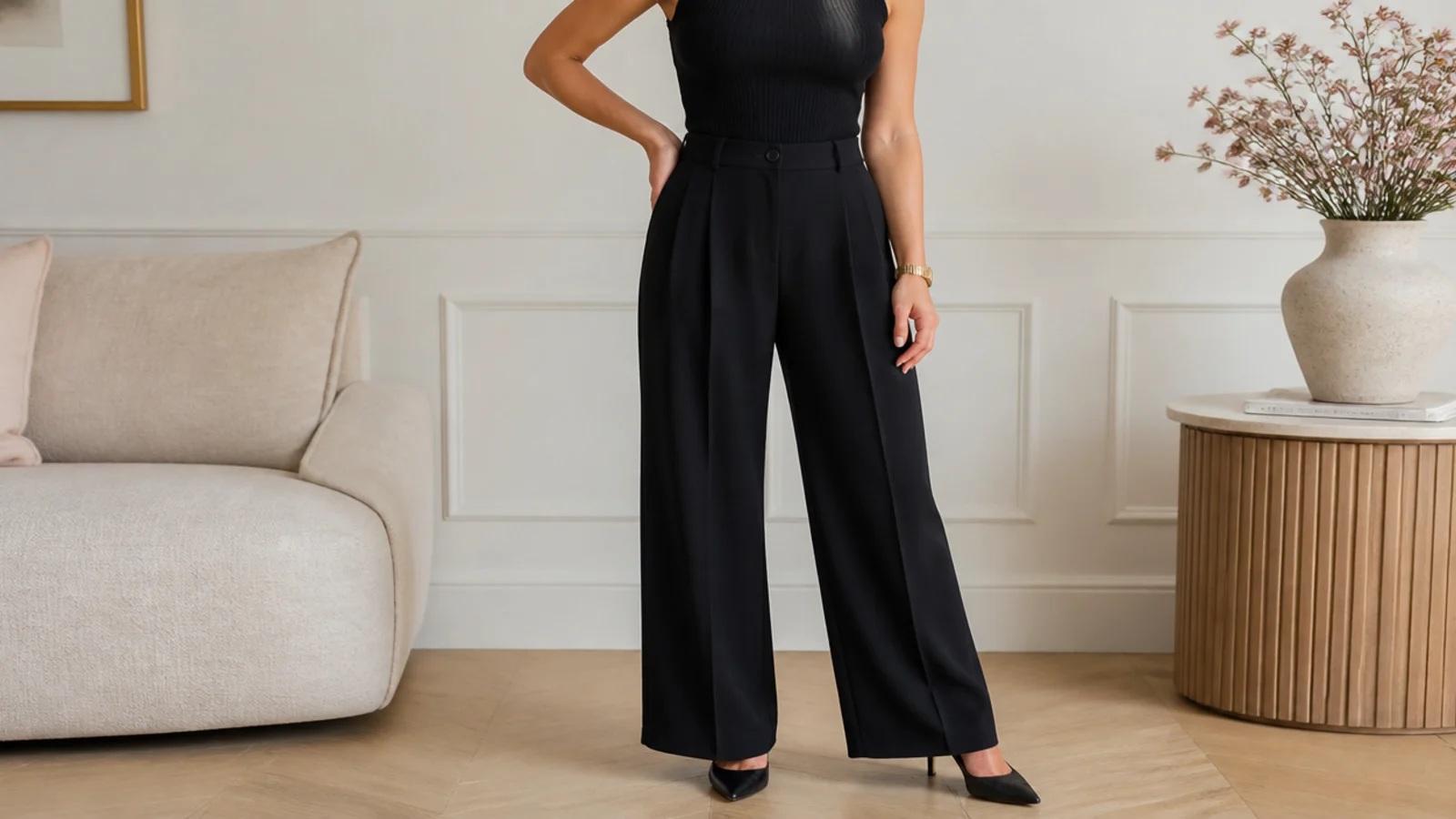 Faceless waist-up shot of a fitted black ribbed tank tucked into black wide-leg trousers