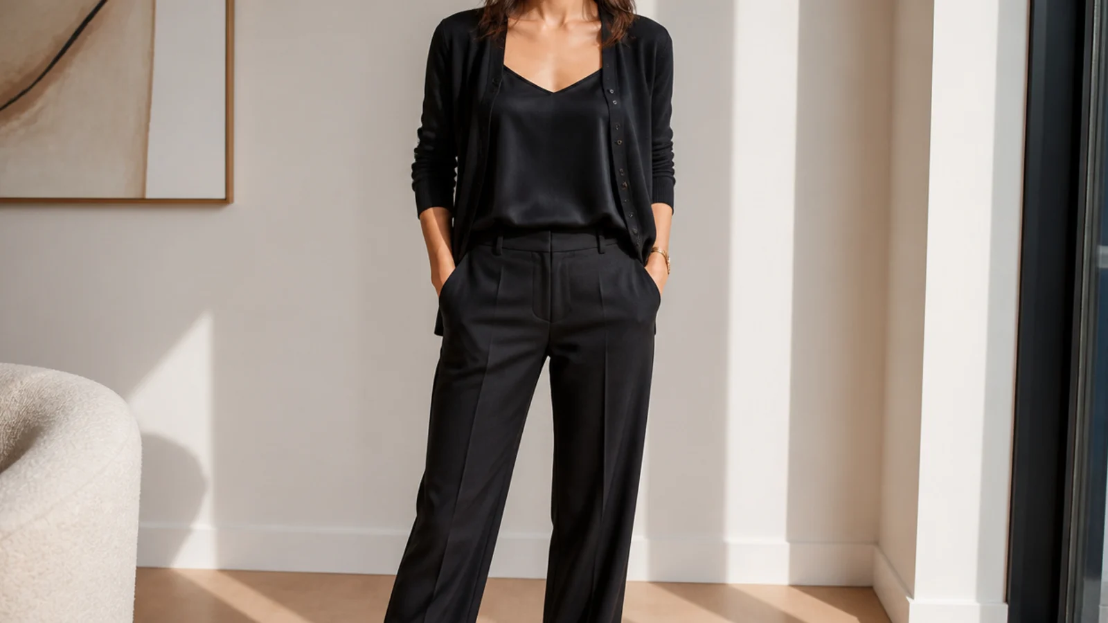 Faceless waist-up shot of a black silk cami under an open fine-knit black cardigan with tailored trousers