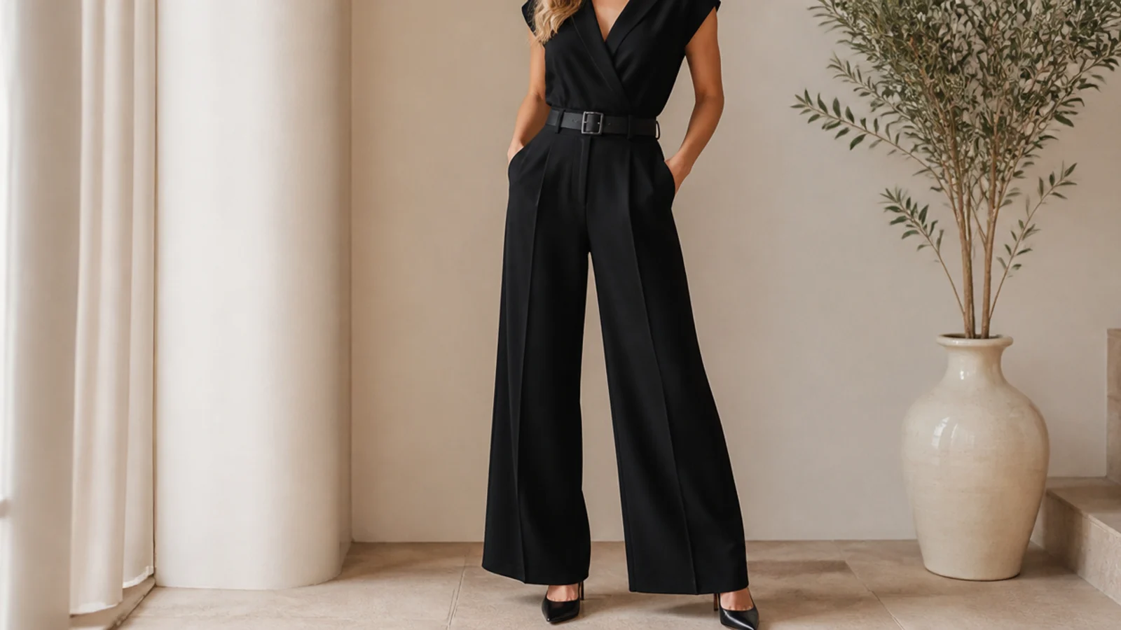 Faceless full-length shot of a black wide-leg tailored jumpsuit with a matte black belt and heels