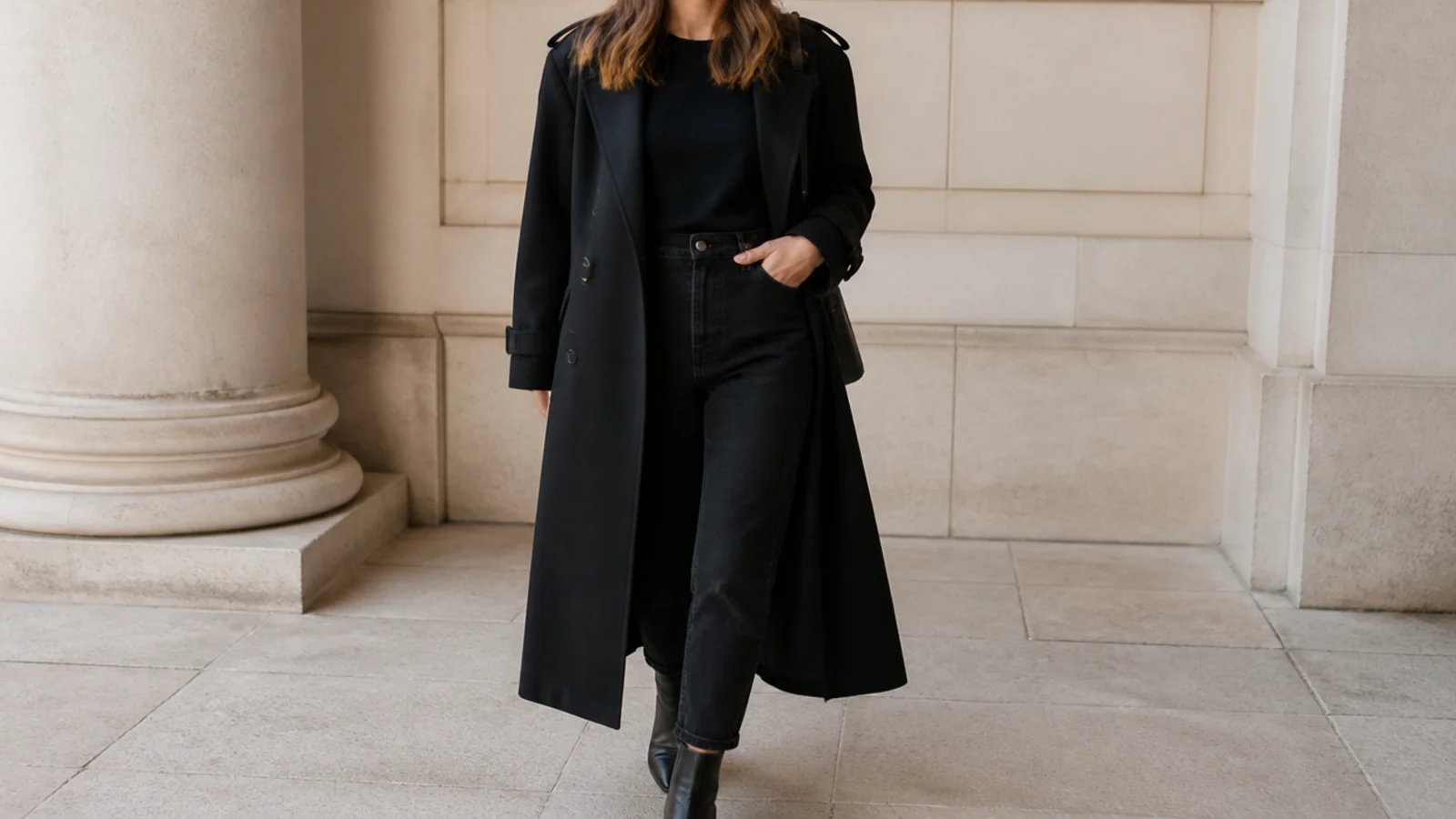 Faceless full-length shot of a long black trench coat open over an all-black tee, jeans and boots