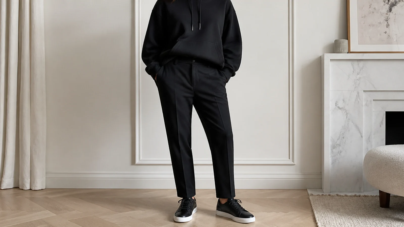 Faceless waist-up shot of a black hoodie half-tucked into black tailored trousers with leather sneakers