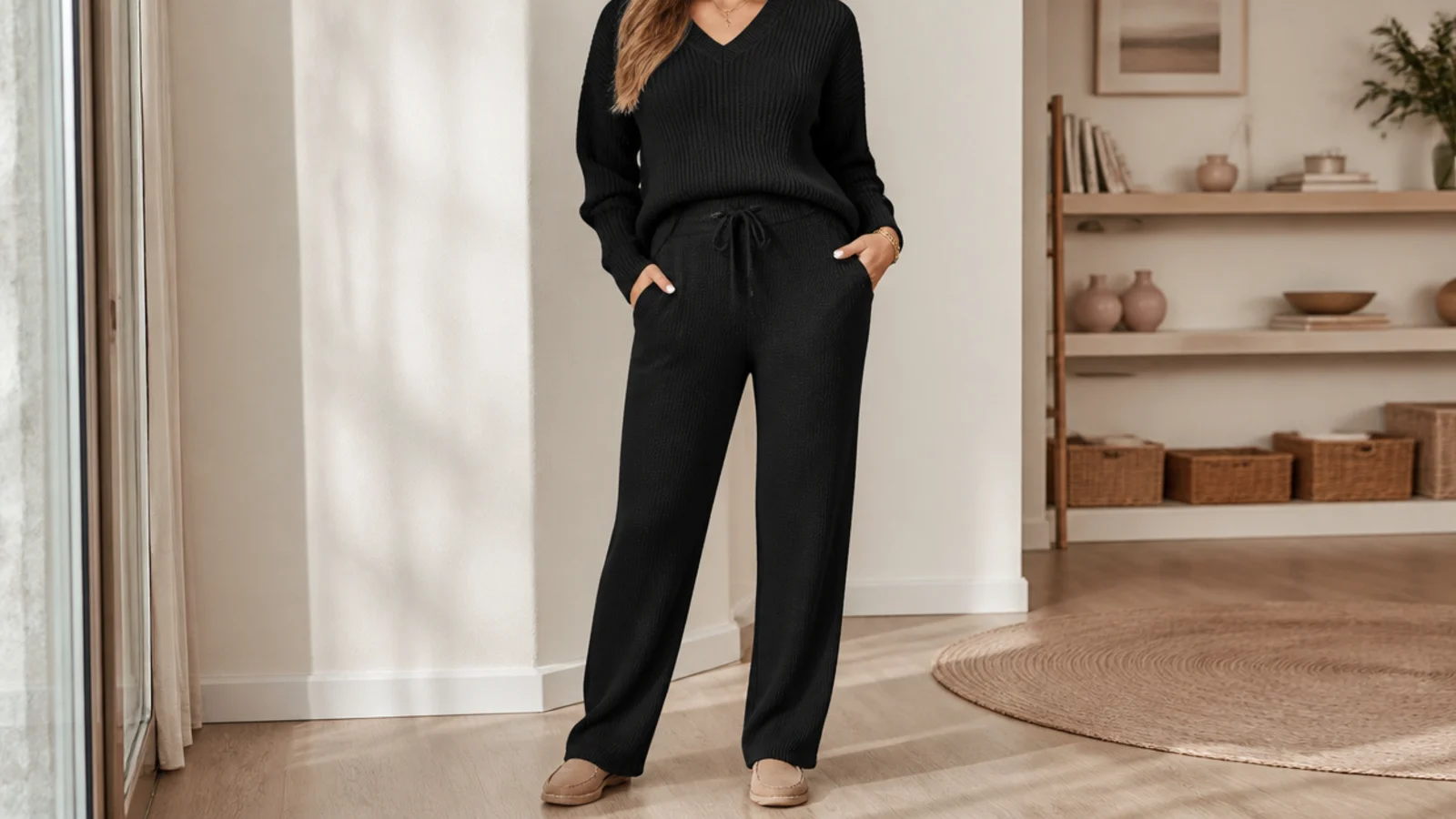 Faceless waist-up shot of a matching black knit top and straight-leg knit trousers worn together