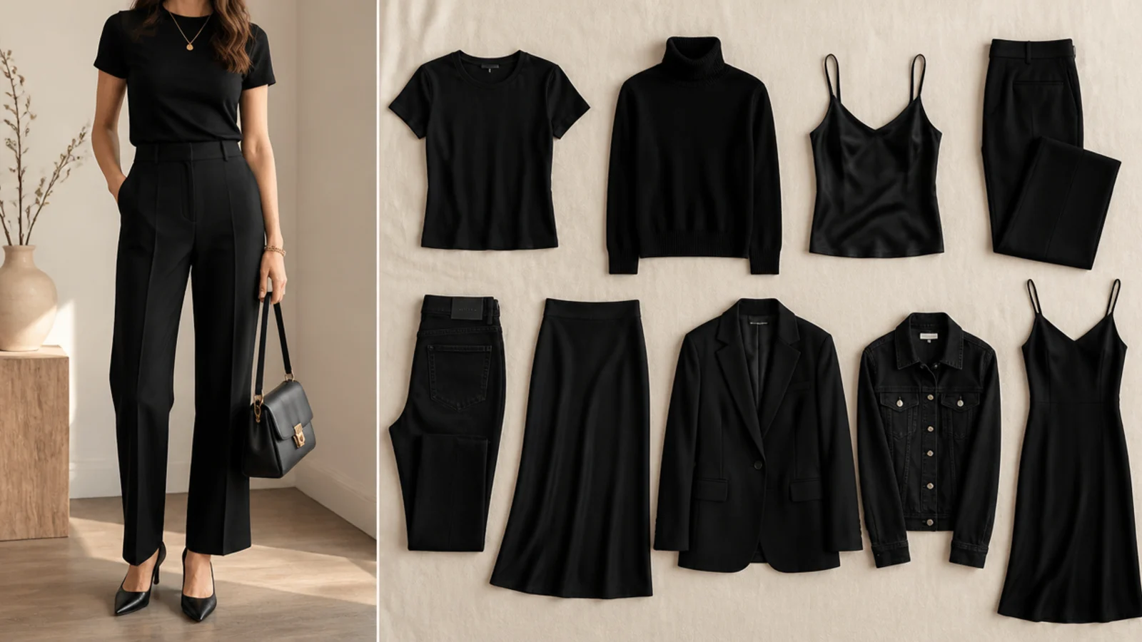 Faceless flat-lay of nine black capsule pieces: tee, turtleneck, silk cami, trousers, jeans, skirt, blazer, jacket and dress