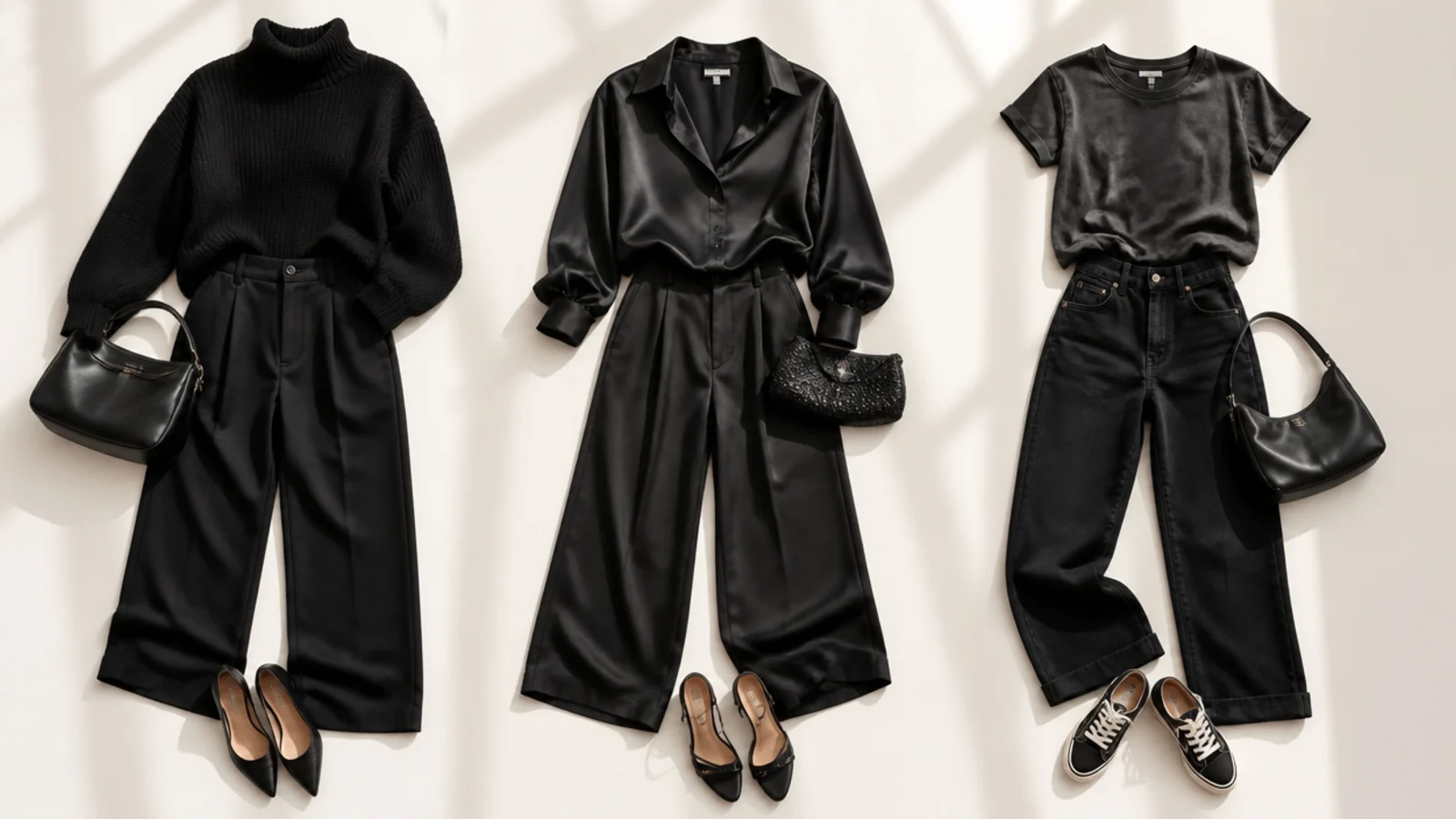 Faceless flat-lay comparing a dense jet-black knit, a warm-black satin and a faded gray-black cotton tee