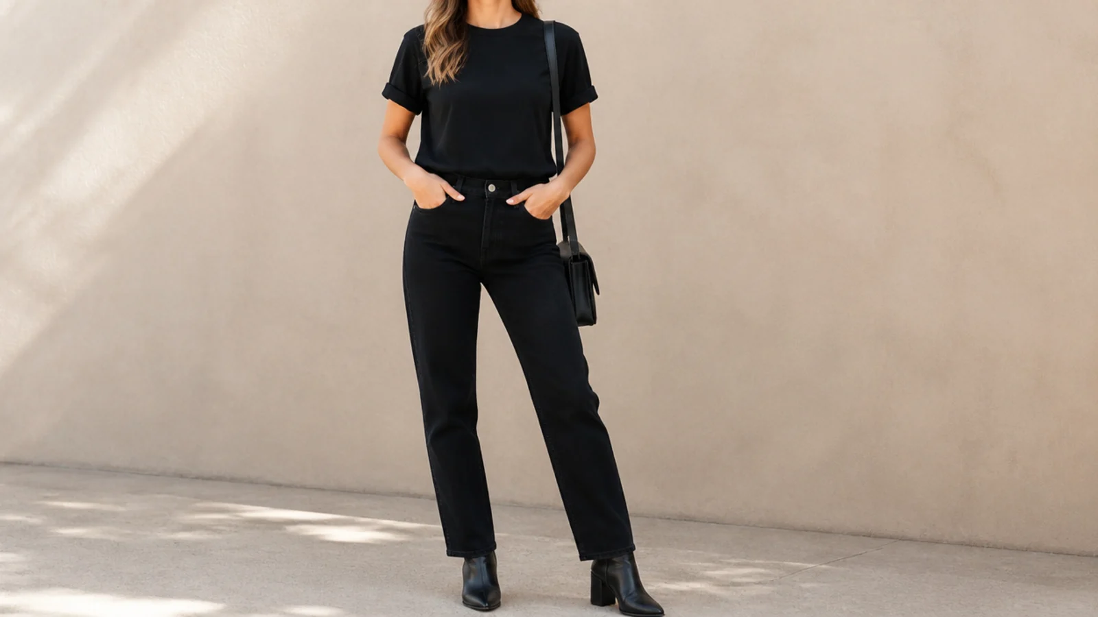Faceless all-black outfit with a black crewneck tee, straight black jeans and black ankle boots