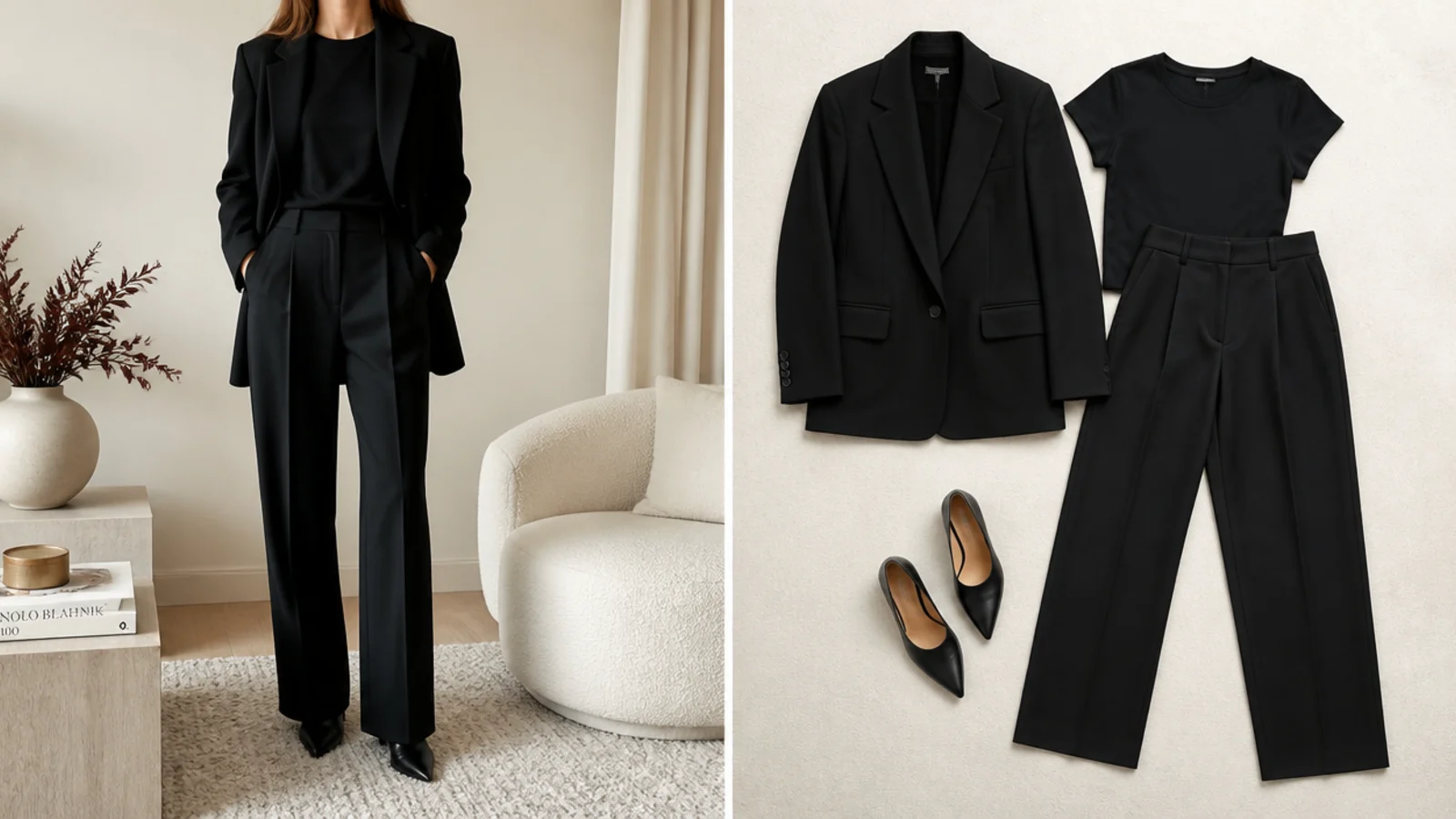 Faceless flat-lay of a black crewneck tee, black tailored trousers and a black wool blazer