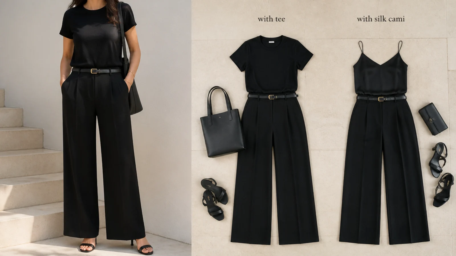 Faceless flat-lay of two labeled black outfits, one with a tee and one with a silk cami