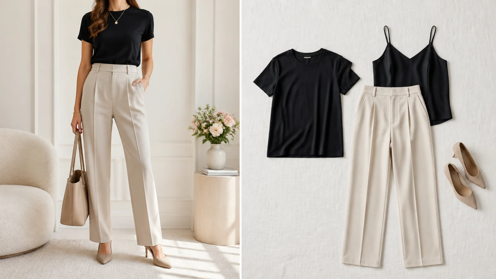 Faceless flat-lay of a black cotton tee beside a black silk cami over the same tailored trousers