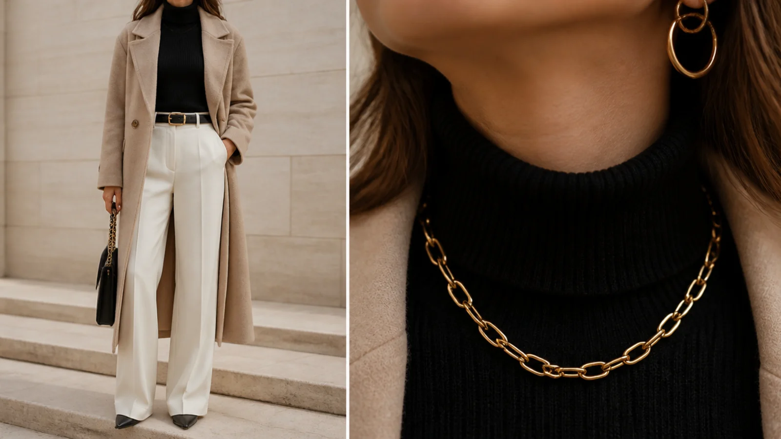 Faceless close-up of a gold chain and hoop earrings against a black ribbed turtleneck neckline
