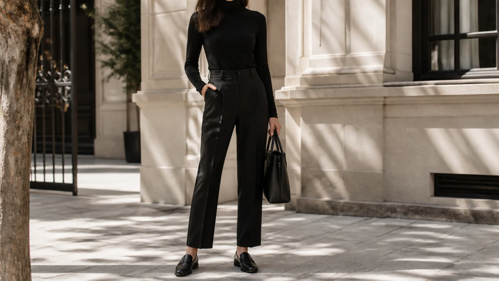Faceless full-length shot of an all-black outfit of turtleneck, tailored trousers and loafers in daylight