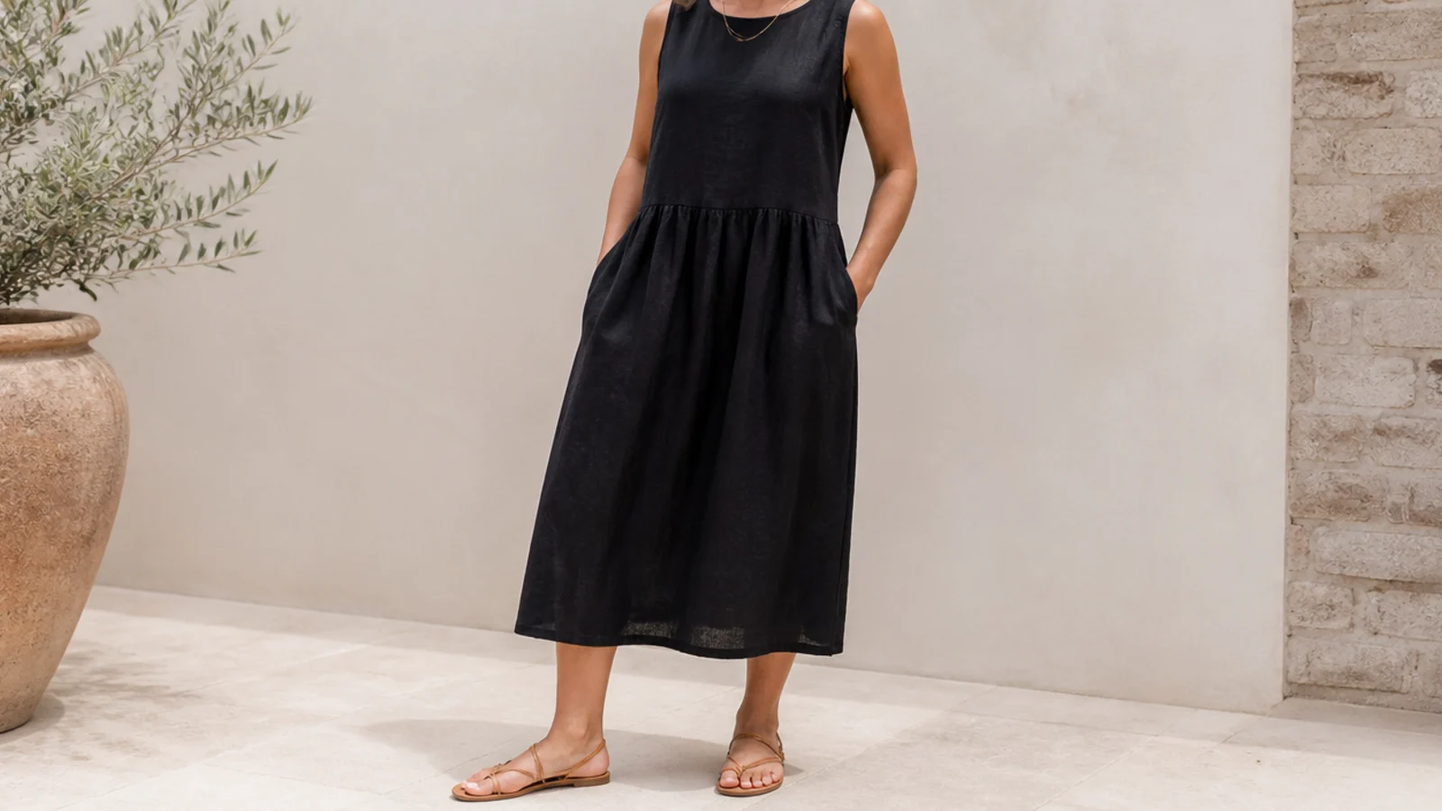 Faceless full-length shot of a black linen midi dress with tan flat leather sandals