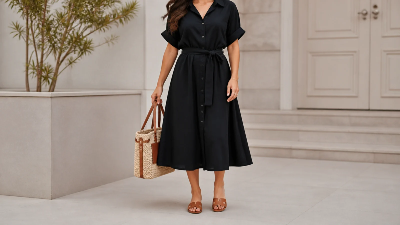 Faceless shot of a black cotton poplin shirtdress belted at the waist with slide sandals