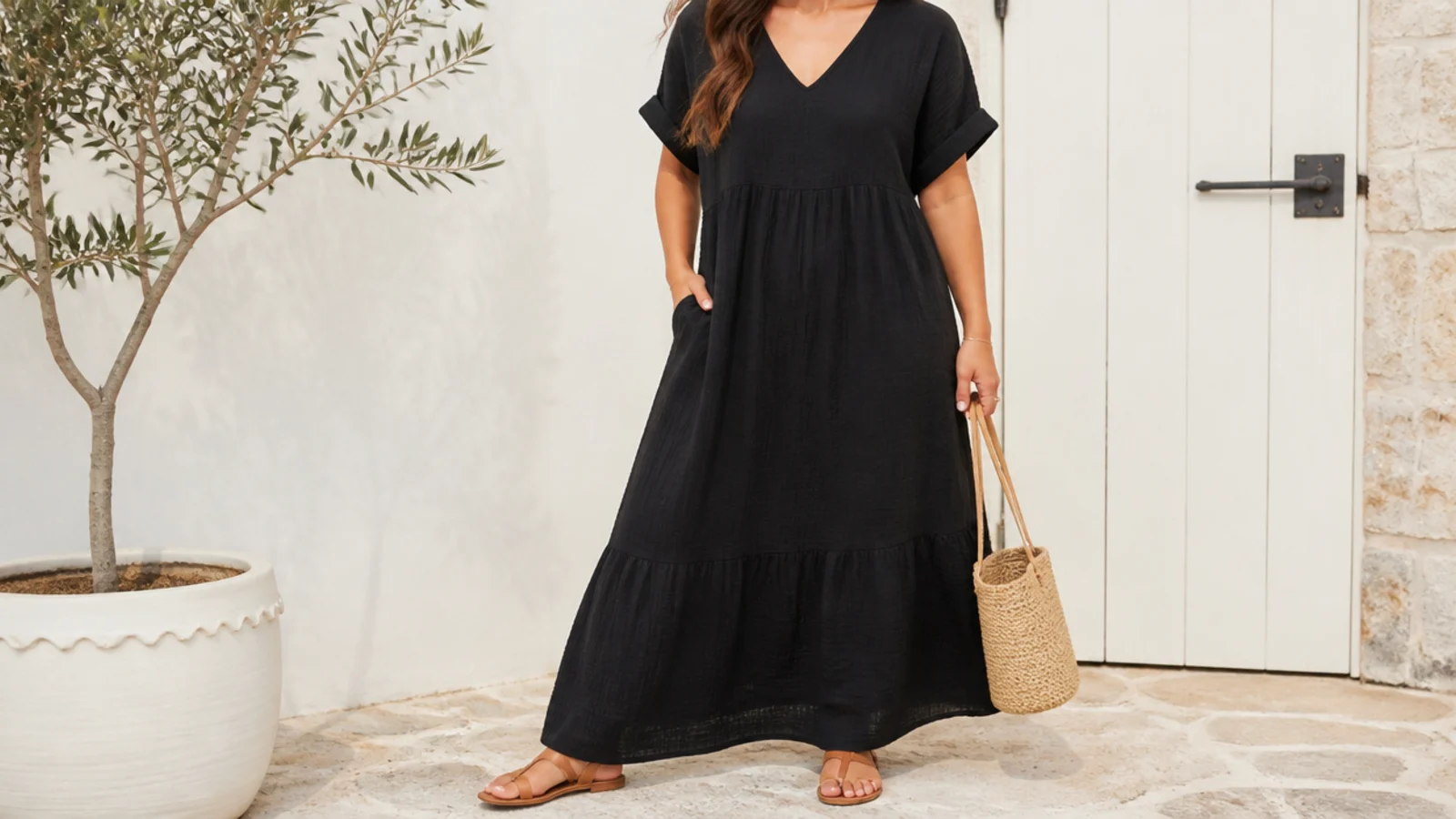 Faceless full-length shot of a black double-gauze cotton maxi dress with flat sandals