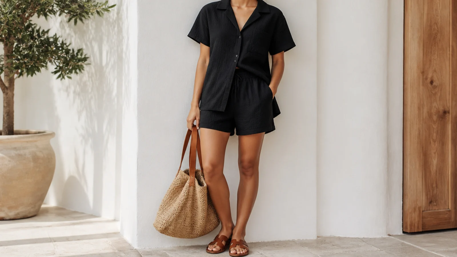 Faceless shot of black seersucker shorts with a short-sleeve black camp collar shirt