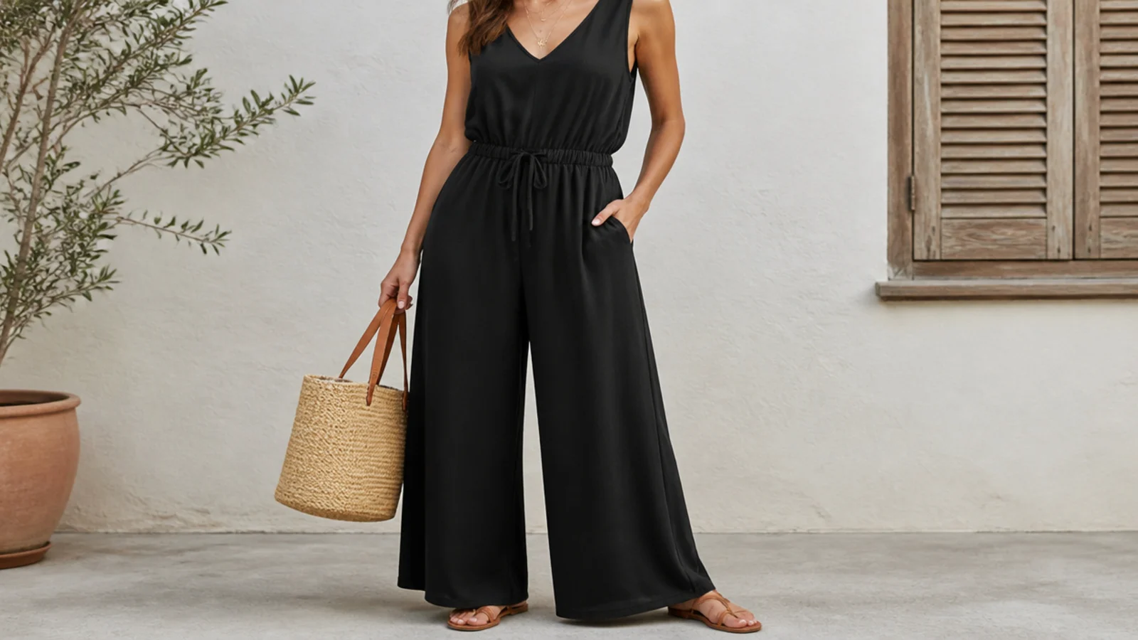 Faceless full-length shot of a black Tencel lyocell wide-leg jumpsuit with flat sandals
