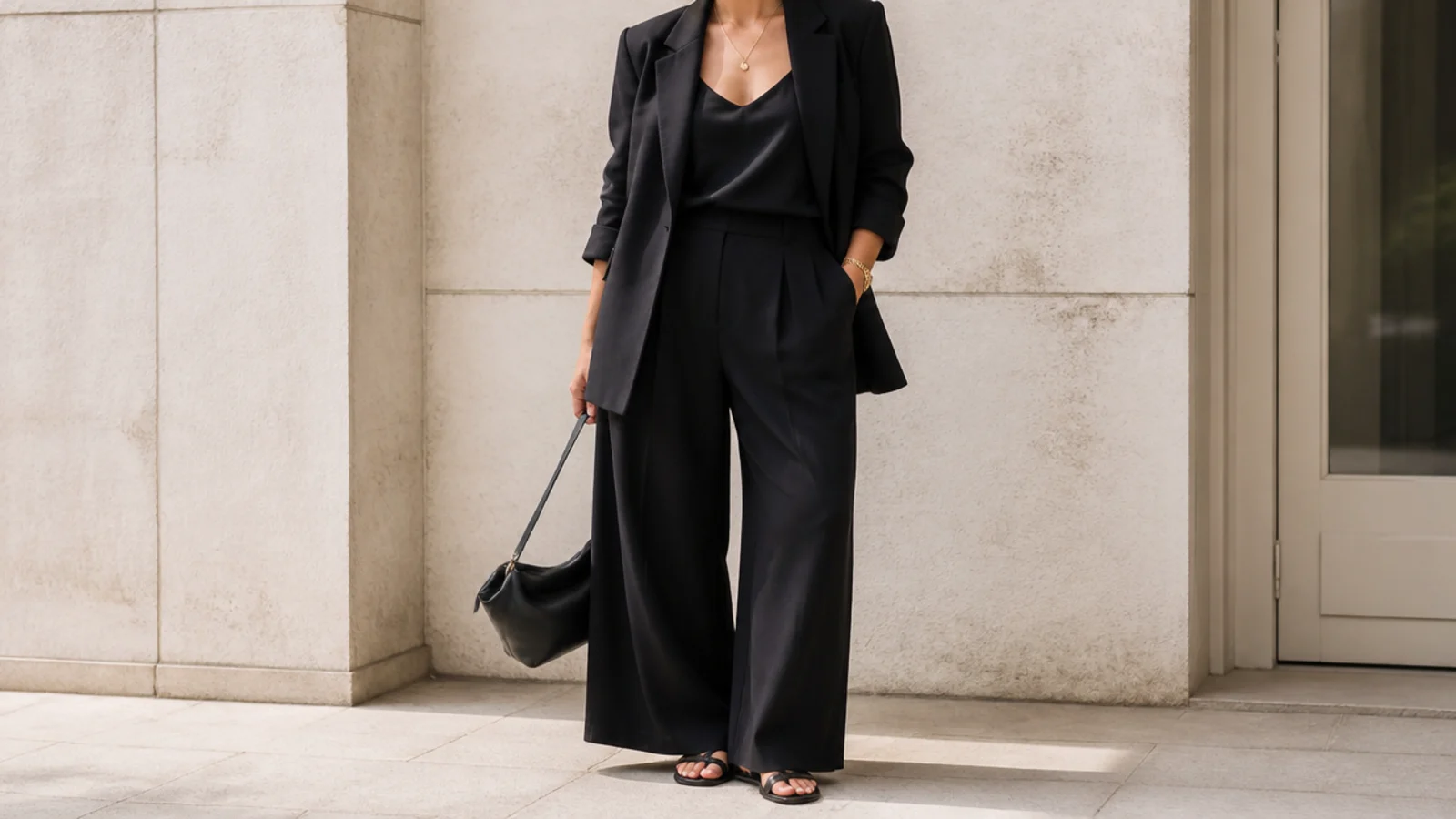Faceless shot of an unlined black linen blazer over a black silk tank with wide trousers