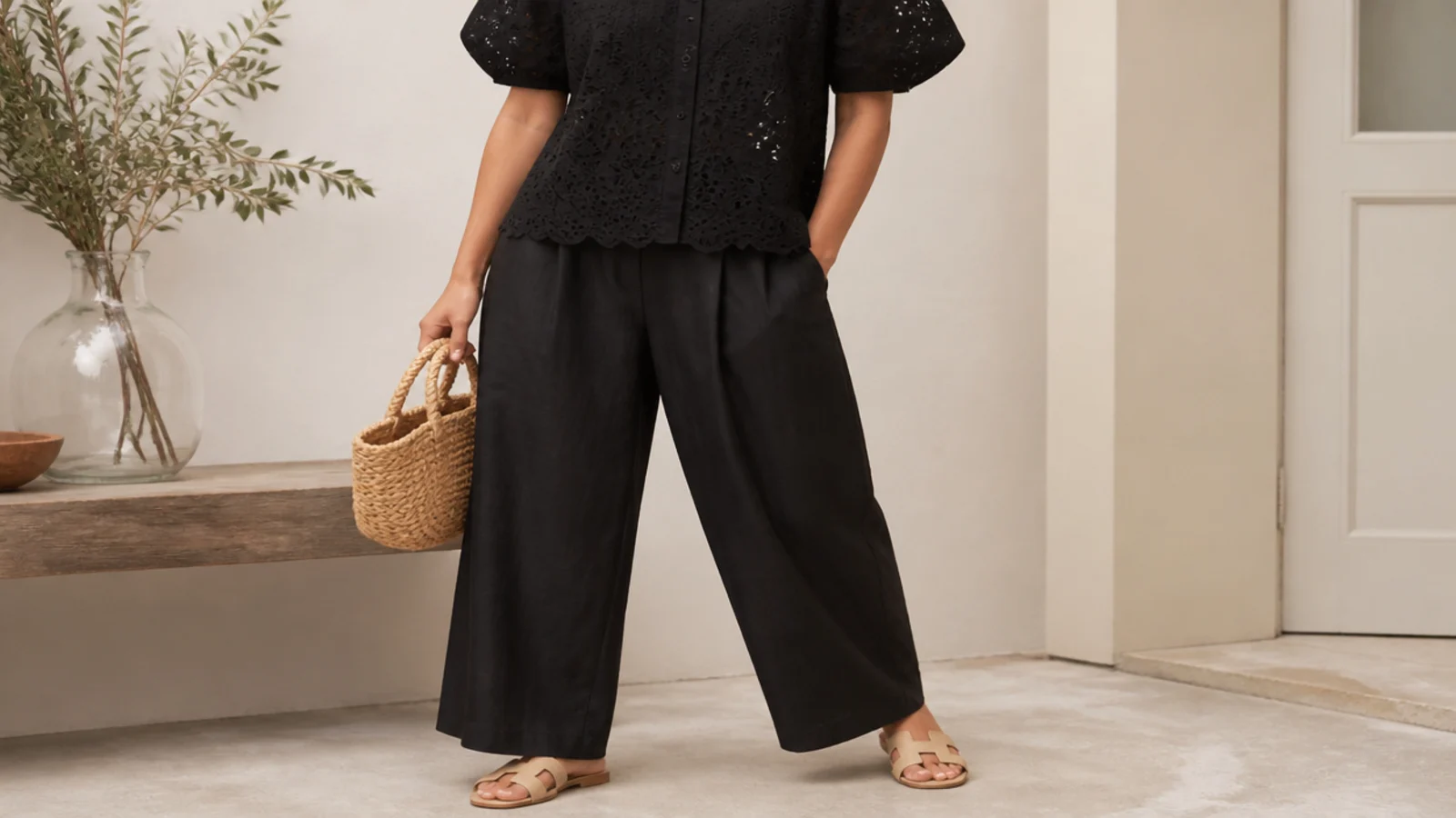 Faceless shot of a black broderie anglaise cotton top with black wide-leg cotton trousers