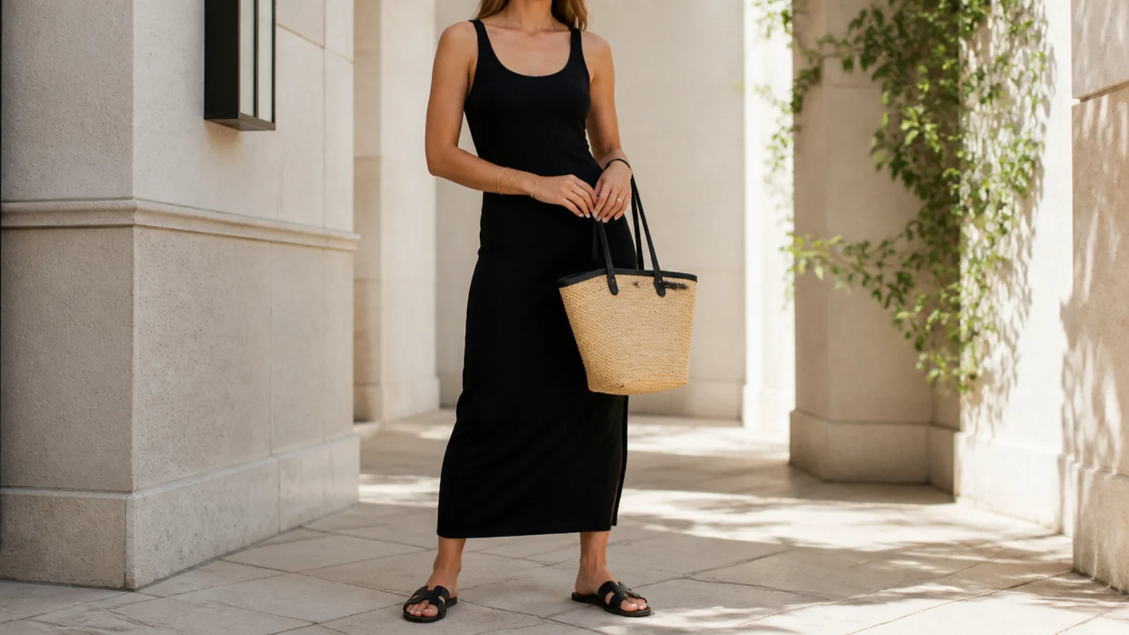 Faceless full-length shot of a ribbed black cotton tank dress with flat black slides
