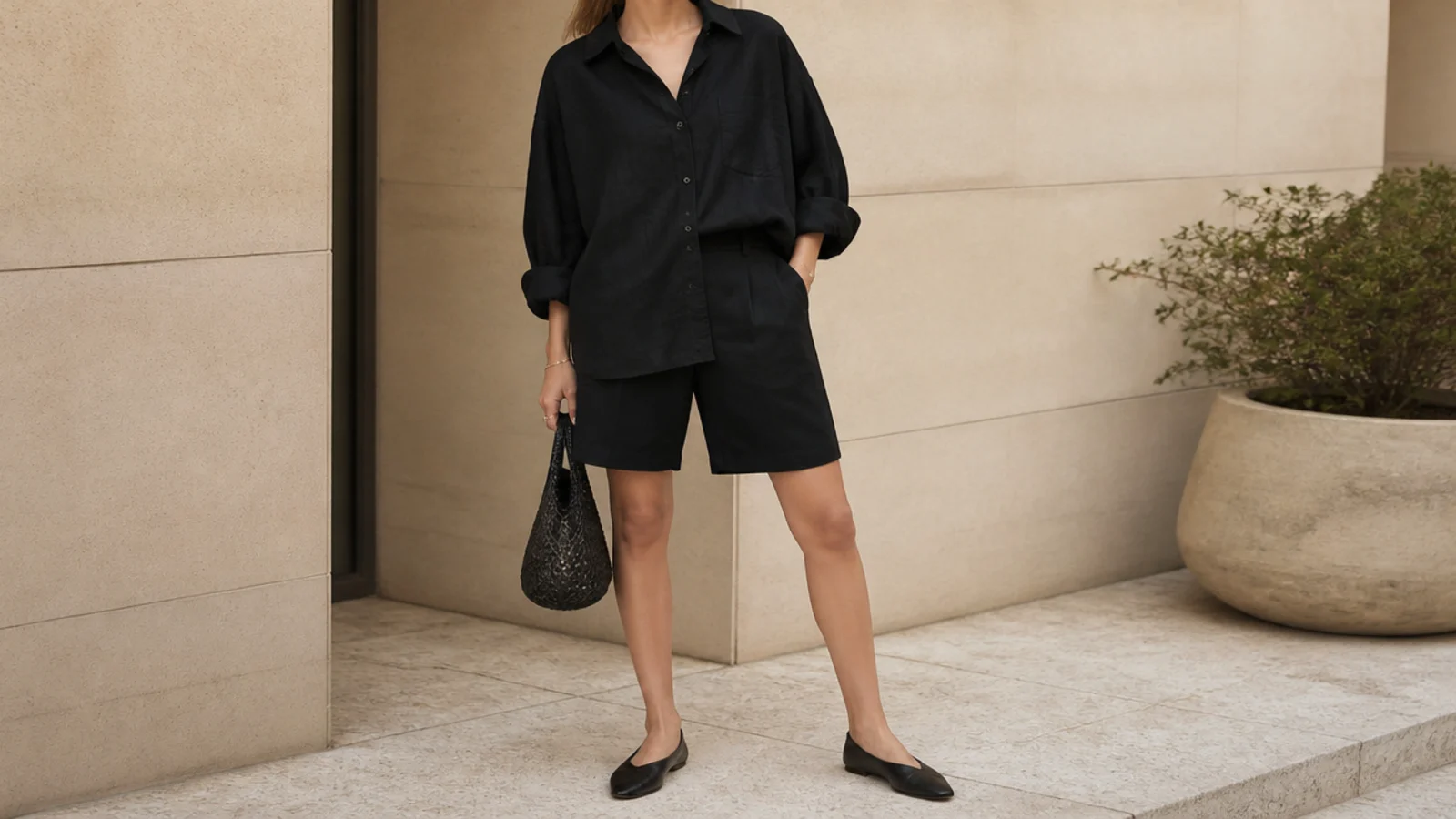 Faceless shot of an oversized black linen shirt with tailored black bermuda shorts and flats