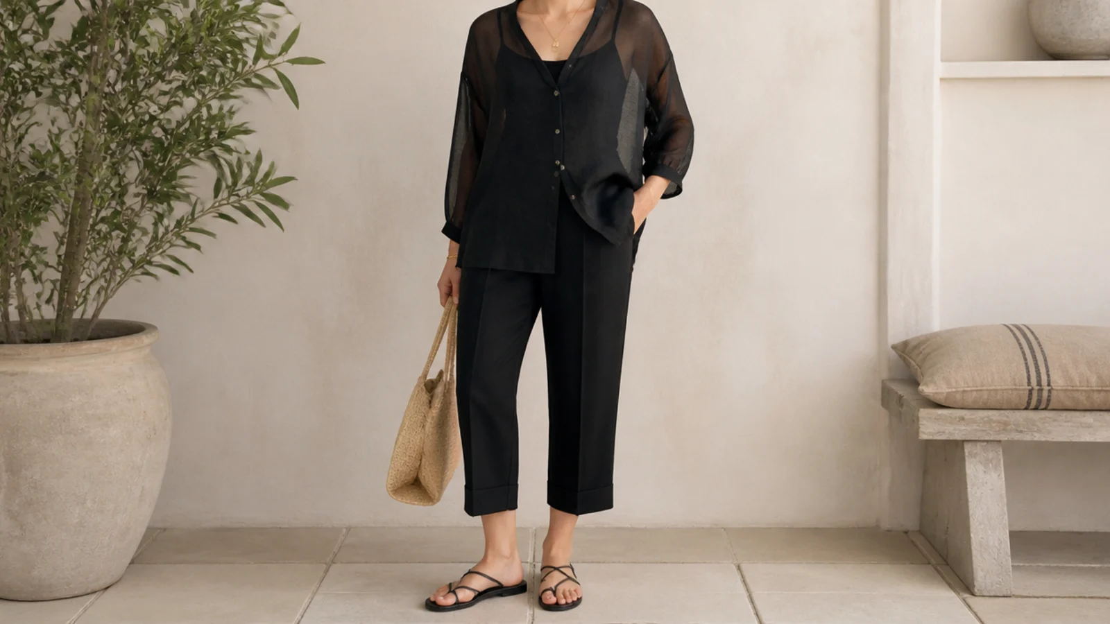 Faceless shot of a sheer black cotton voile blouse over a tank with cropped black pants