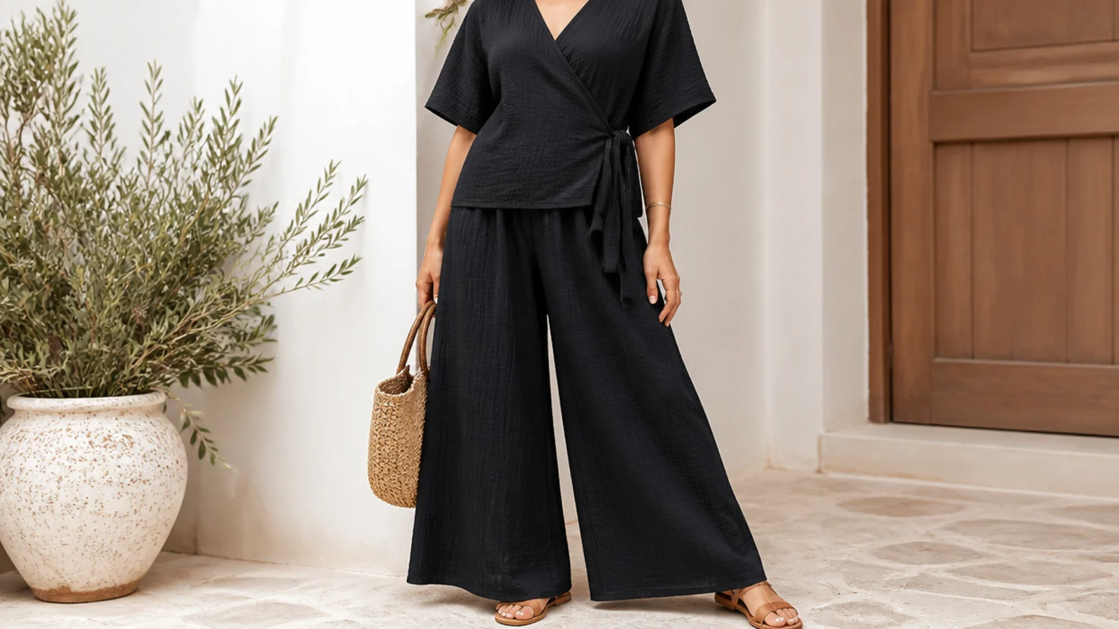 Faceless shot of a black cotton muslin wrap top with flowing black palazzo pants