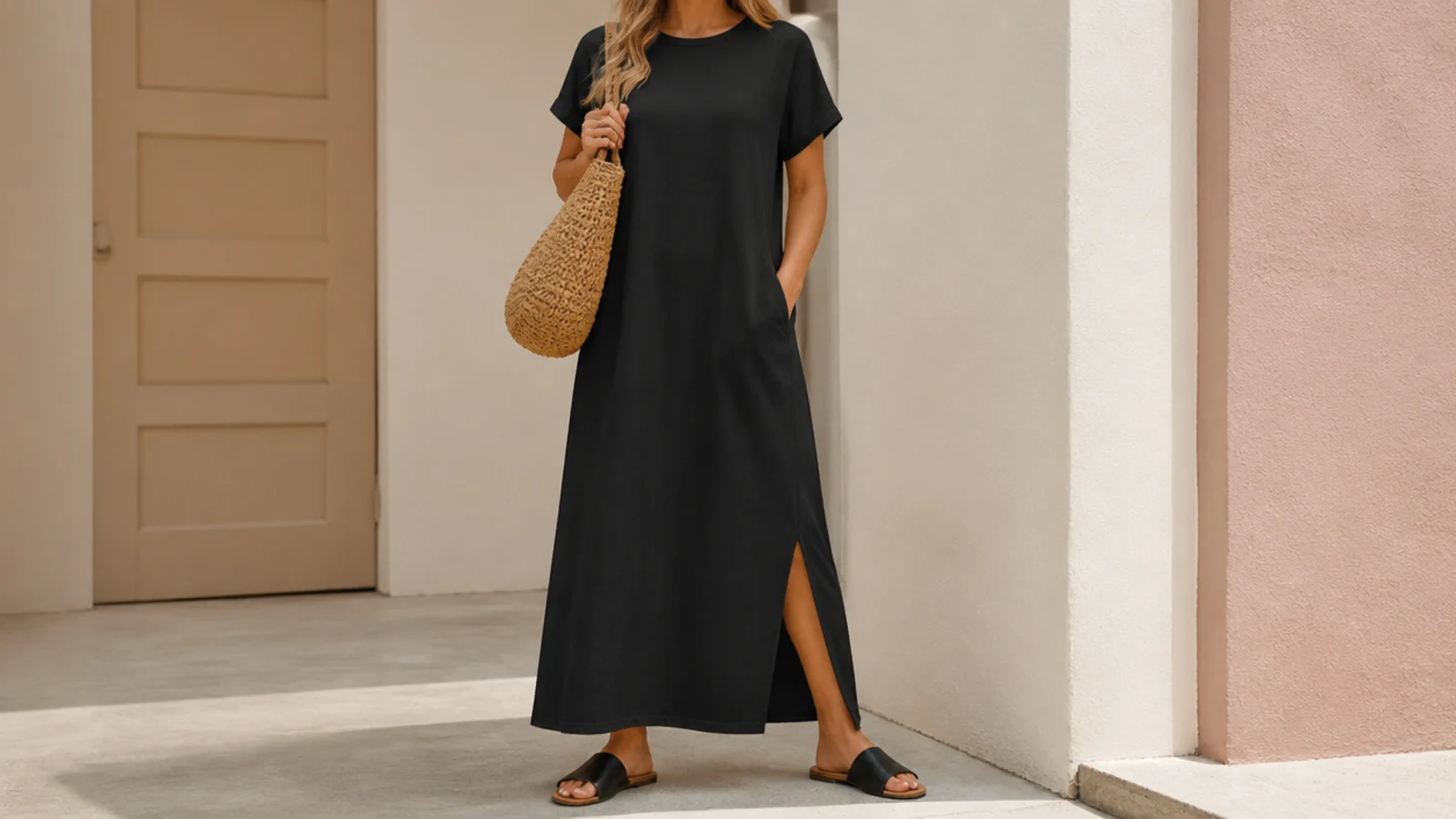 Faceless full-length shot of a relaxed black cotton t-shirt dress with flat black mules