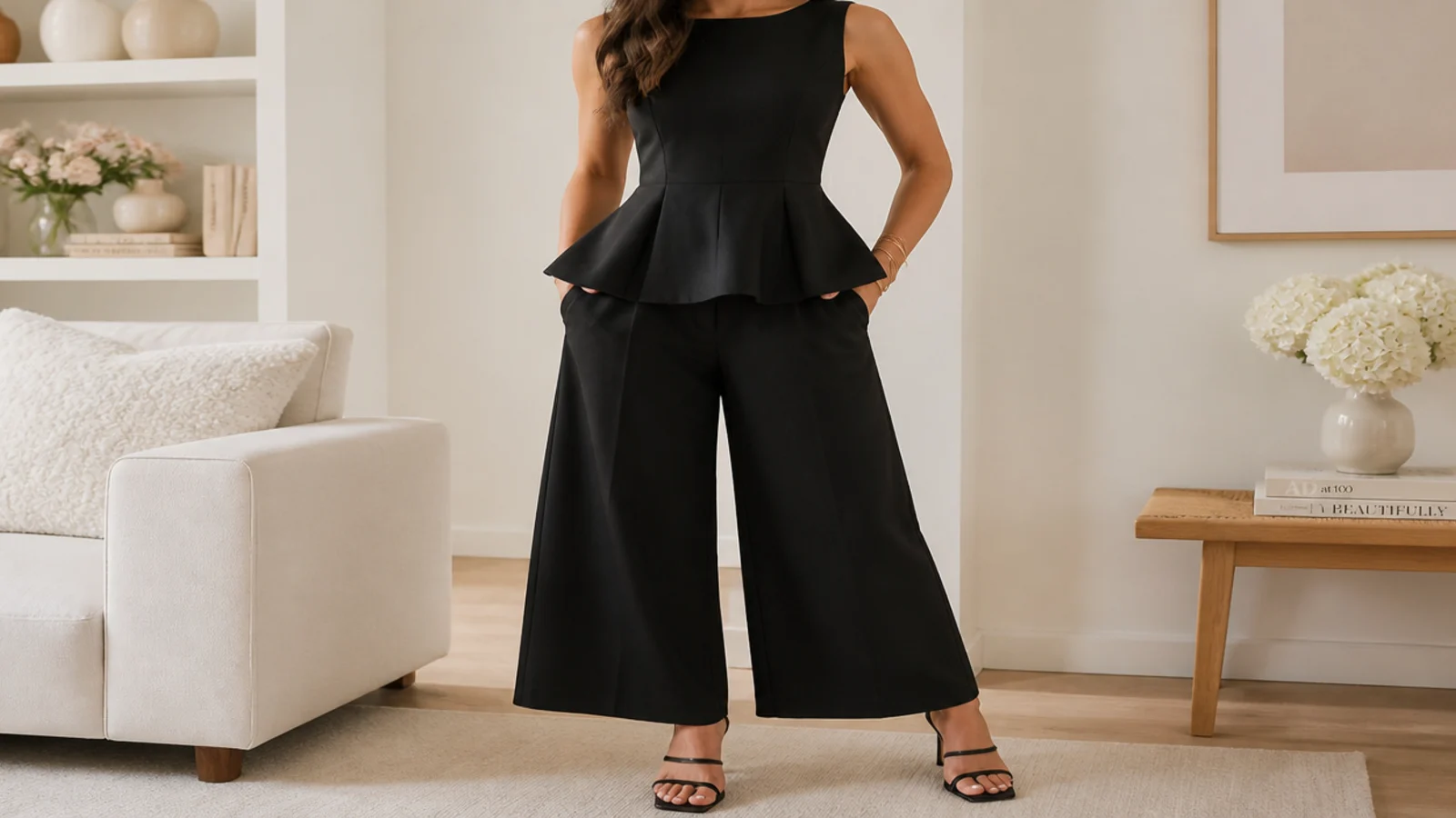 Faceless shot of a structured black cotton poplin peplum top with wide black culottes