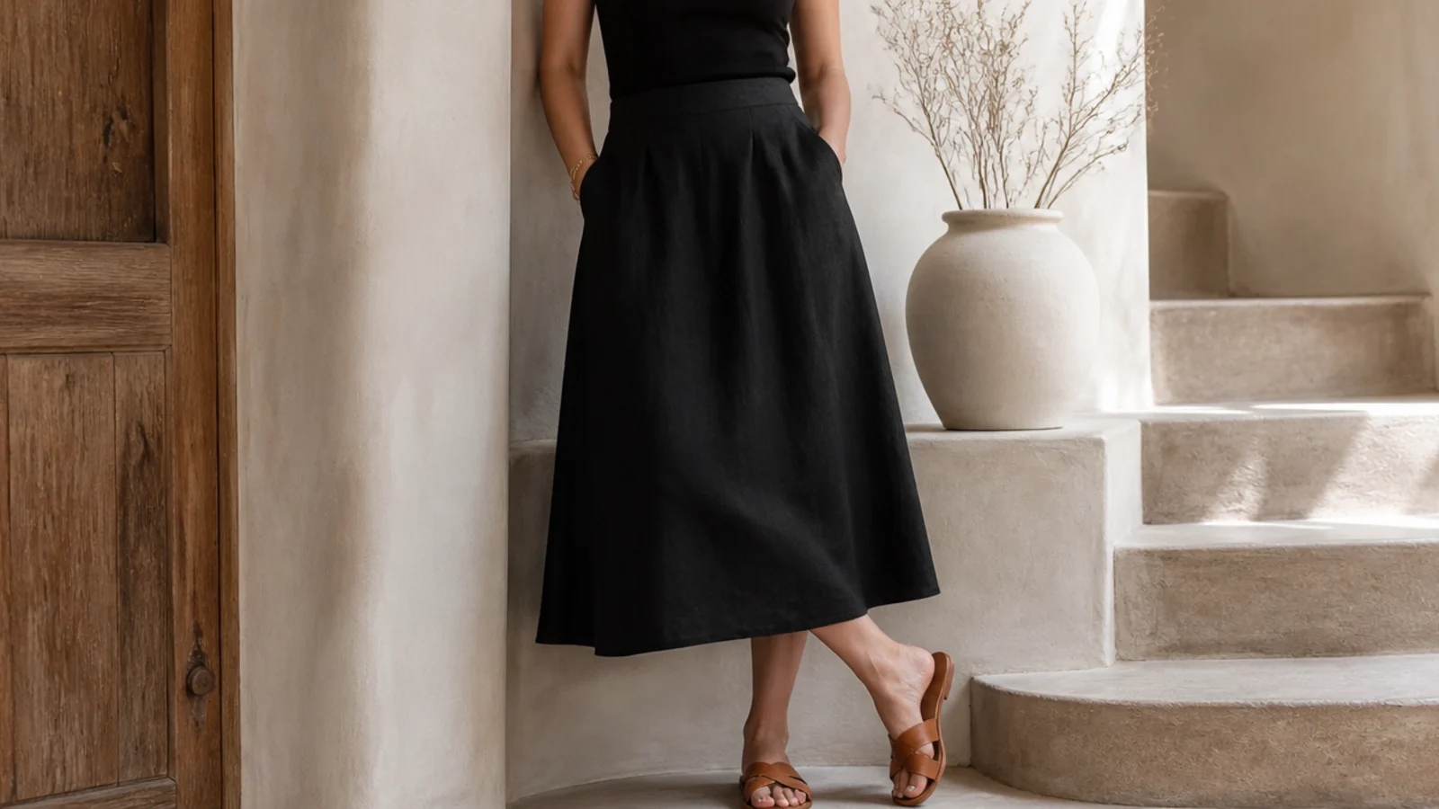 Faceless shot of a fine black merino wool tank with a black linen A-line skirt and sandals