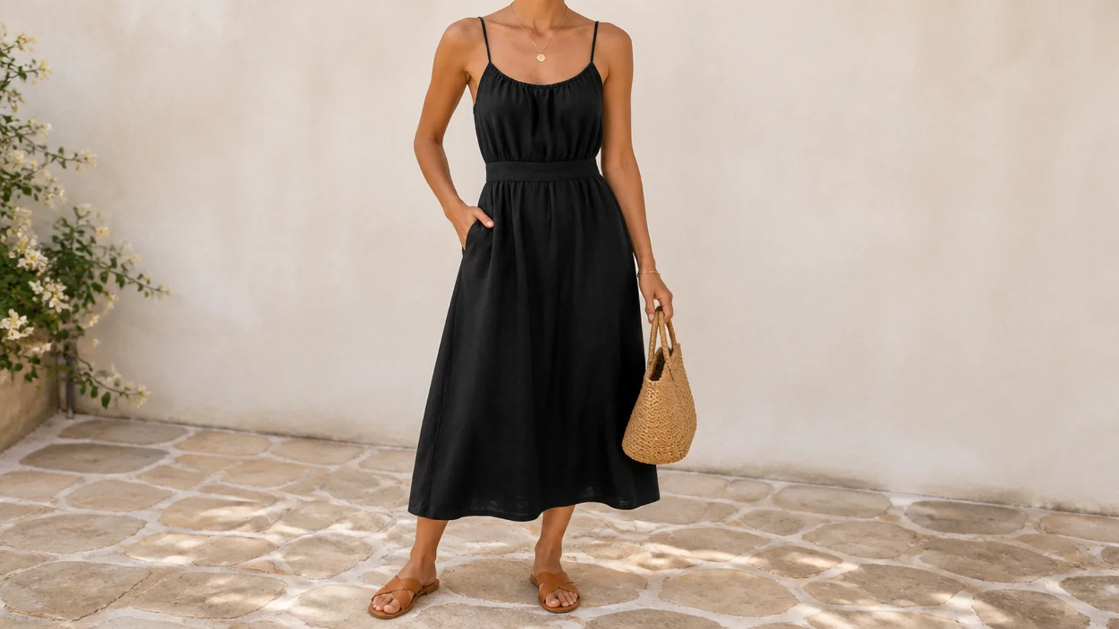 Faceless all-black summer outfit with a linen midi dress and flat sandals