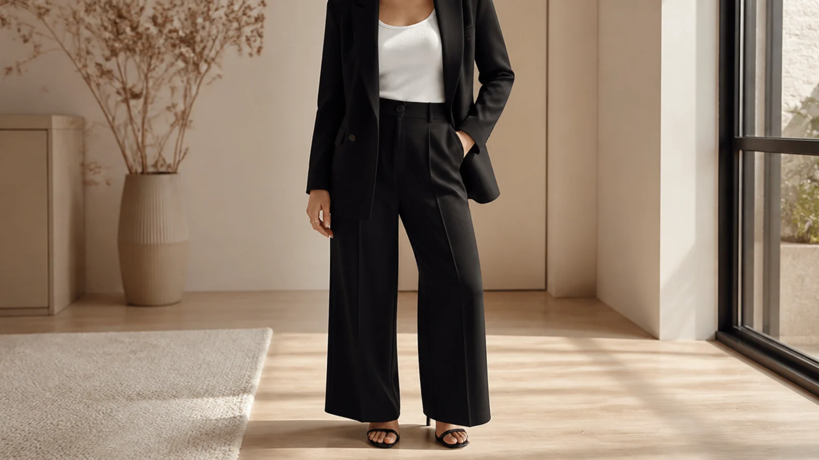 Faceless outfit with a structured black blazer worn open over a tank with black trousers