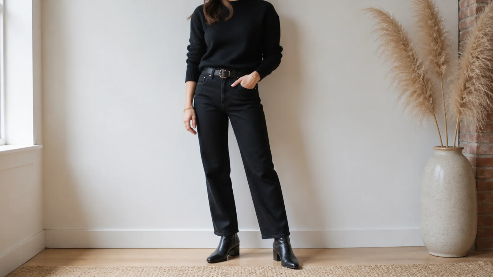 Faceless outfit with rigid black straight-leg jeans, a black knit and ankle boots