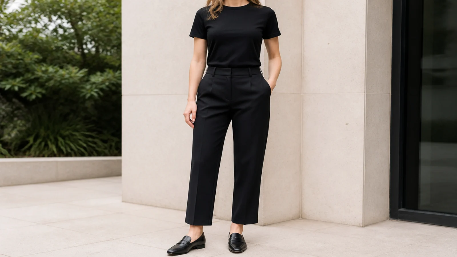 Faceless outfit with a fitted black Supima cotton crewneck tee tucked into black trousers