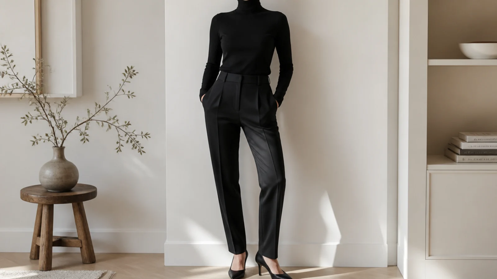 Faceless outfit with a fine-knit black merino turtleneck tucked into tailored black trousers