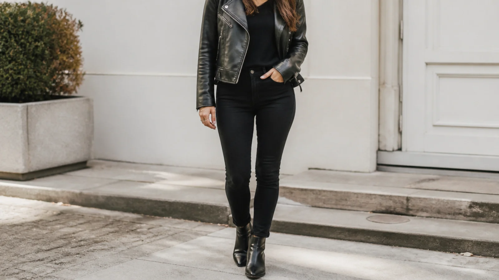 Faceless outfit with a black leather moto jacket over a black tee and black jeans