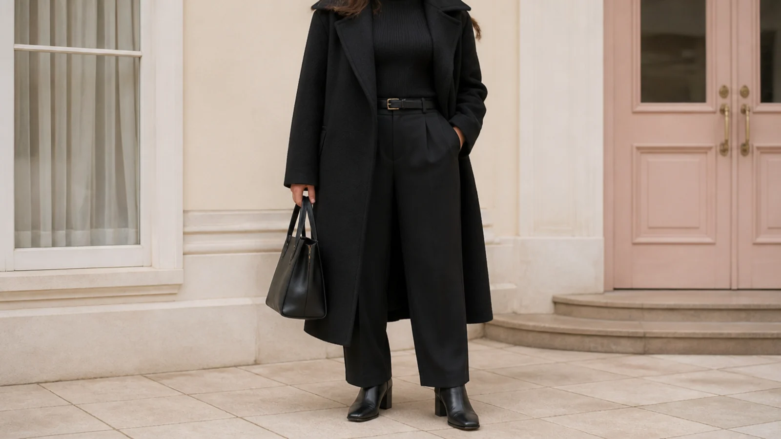 Faceless outfit with a longline black wool coat over black trousers and ankle boots