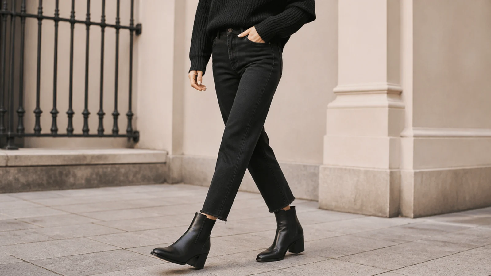 Faceless outfit with black leather block-heel ankle boots, black jeans and a black knit