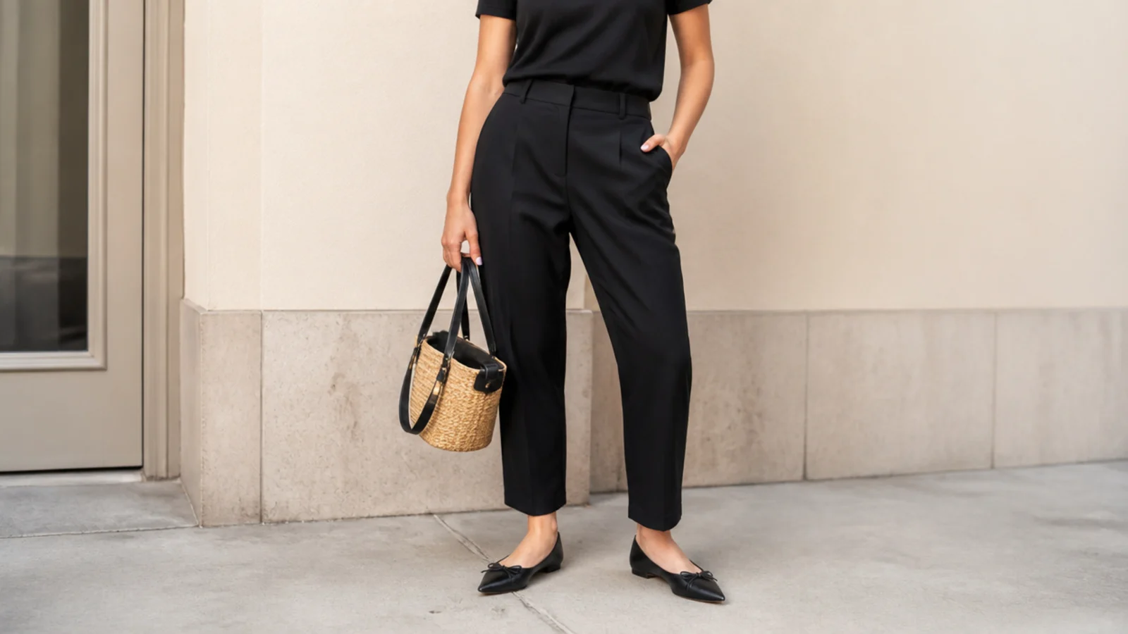 Faceless outfit with pointed black leather ballet flats, cropped black trousers and a black tee