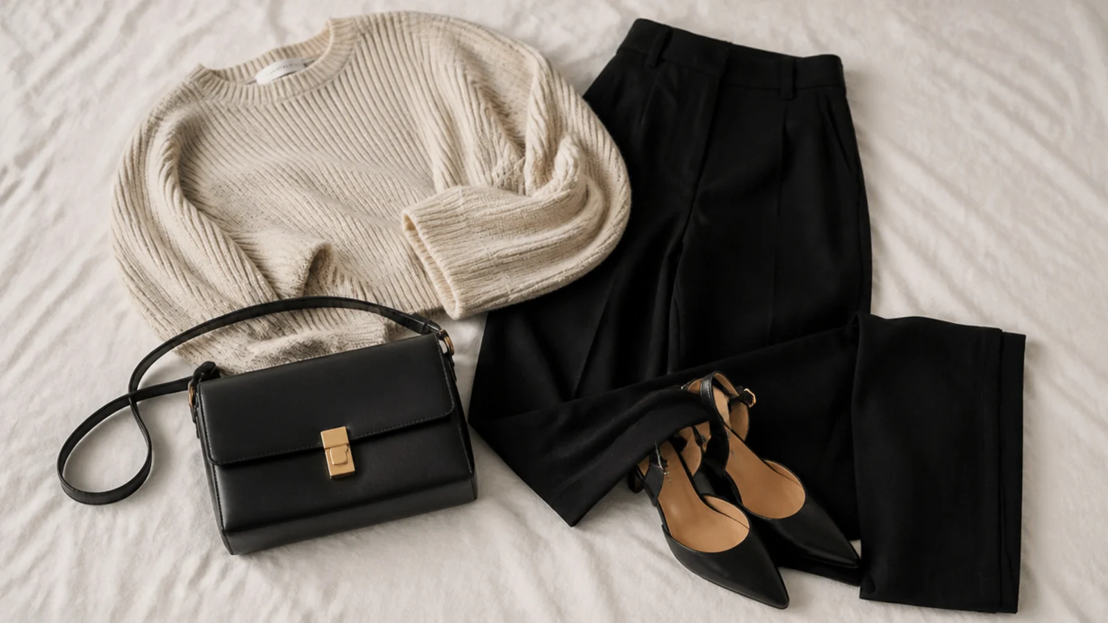 Faceless flat-lay of a structured black leather shoulder bag beside black trousers and a knit