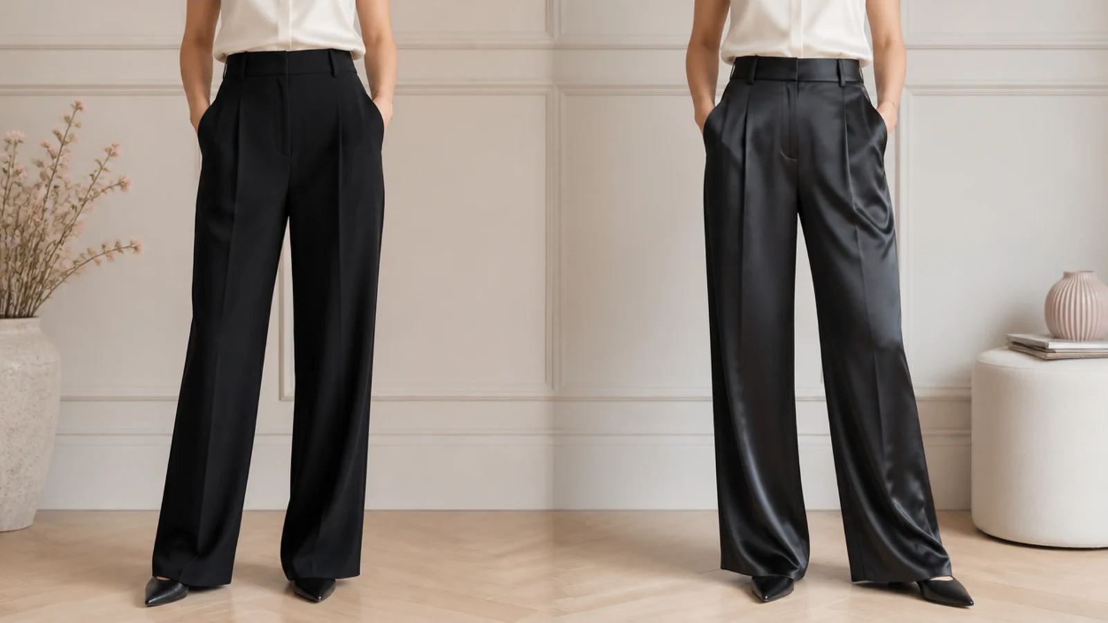 Faceless comparison of matte wool-blend black trousers beside shiny polyester trousers