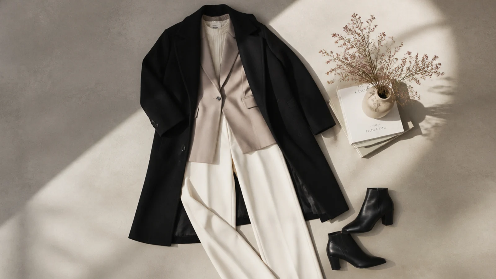 Faceless flat-lay of invest pieces: a black wool coat, blazer, merino knit and leather boots