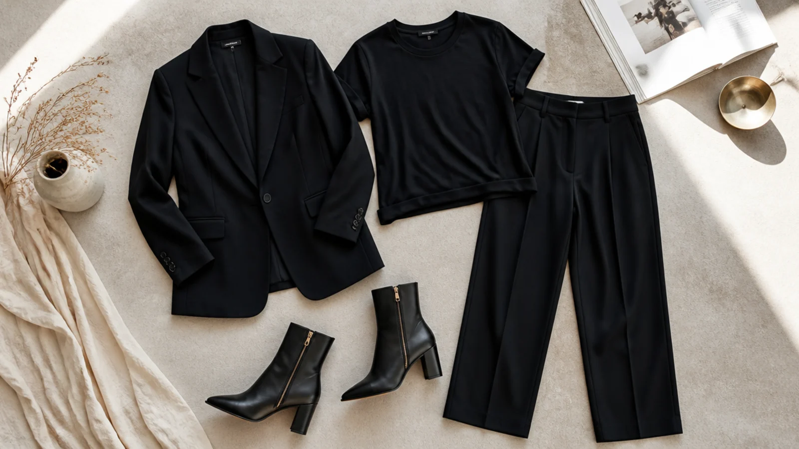 Faceless flat-lay of the core black capsule: blazer, tailored trousers, crewneck tee and ankle boots
